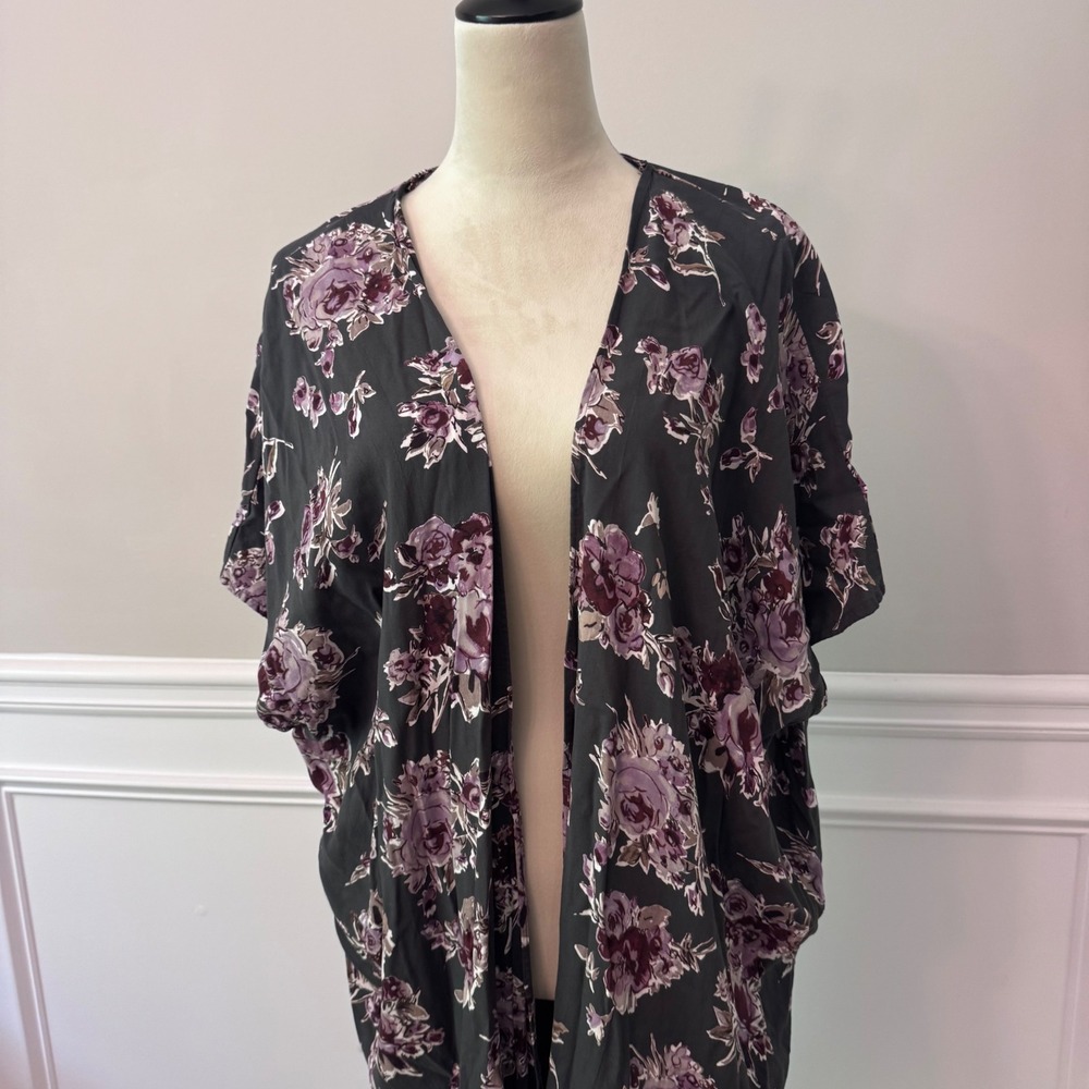 Womens Floral Open Front Kimono Wrap Purple Rose Oversized Cardigan Cover Up - Picture 3 of 12